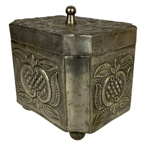 Embossed Metal Lidded Trinket Box Silver Floral Decorative Organization Patina - Picture 5 of 9